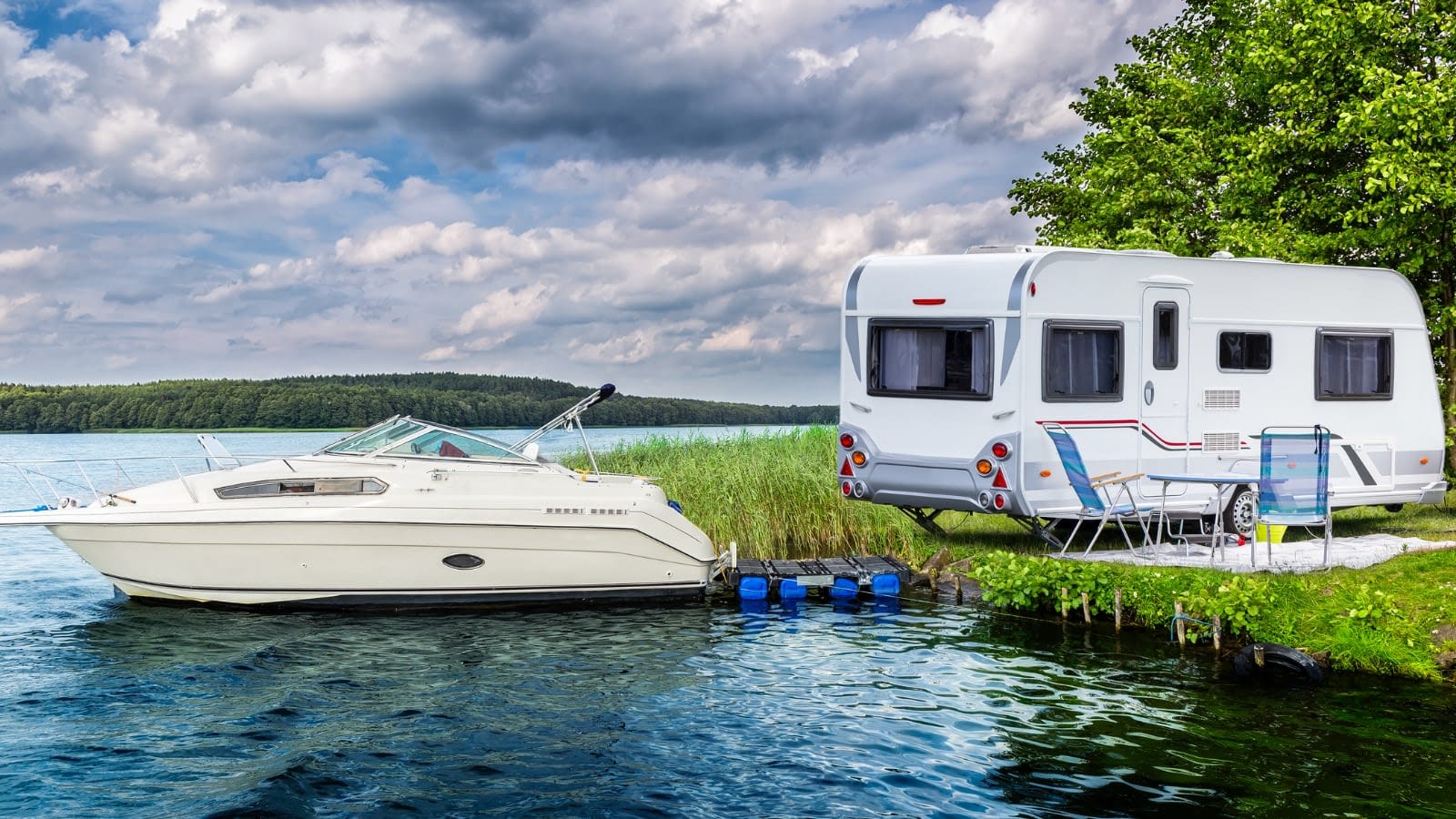 RV with boat attached parked in front of lake