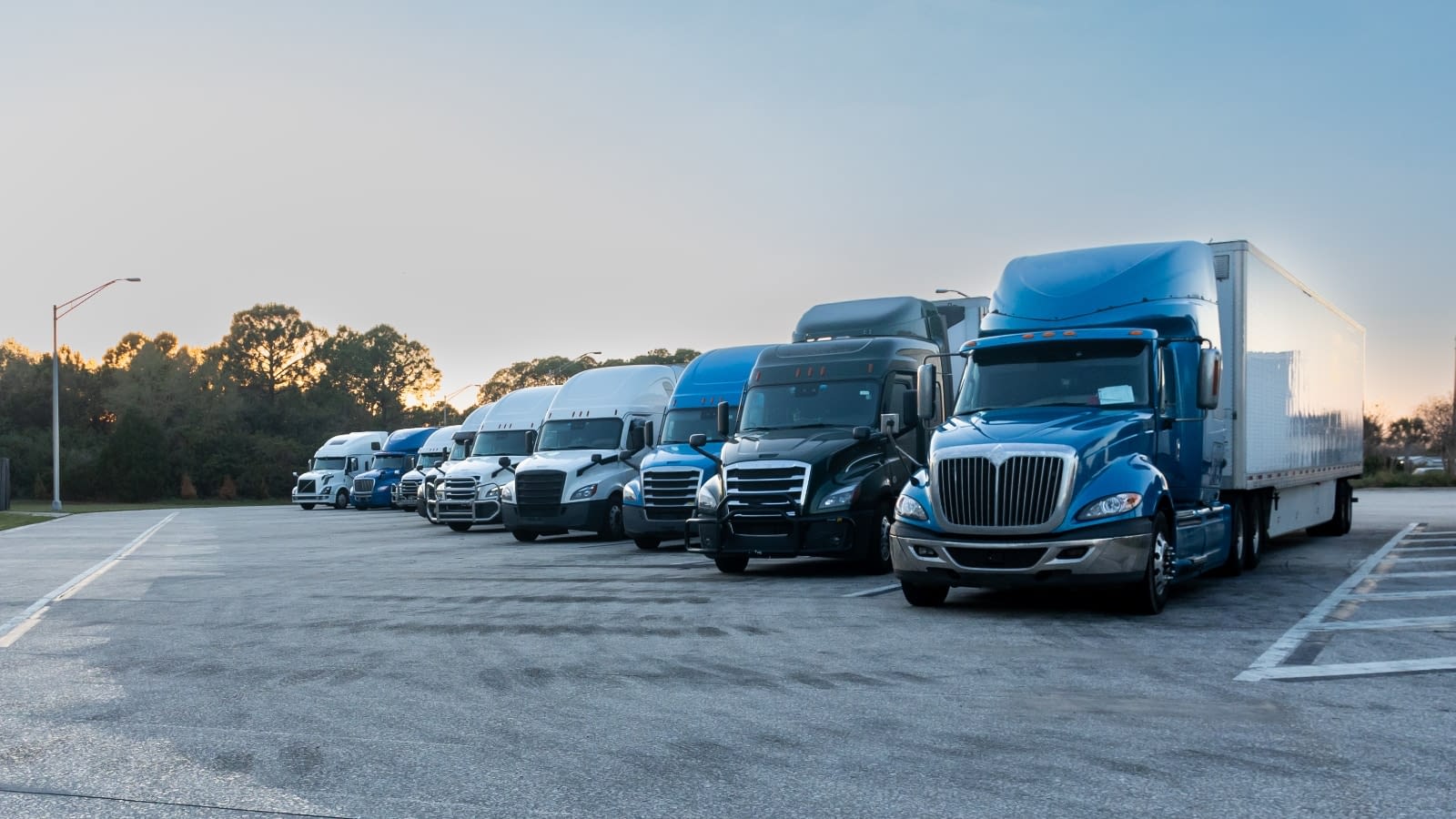 Fleet of commercial trucks in parking lot