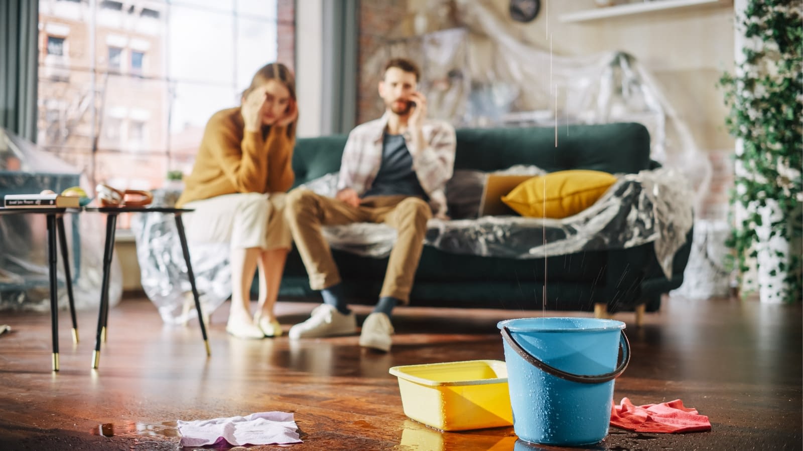 young couple distressed on phone with insurance after roof leak